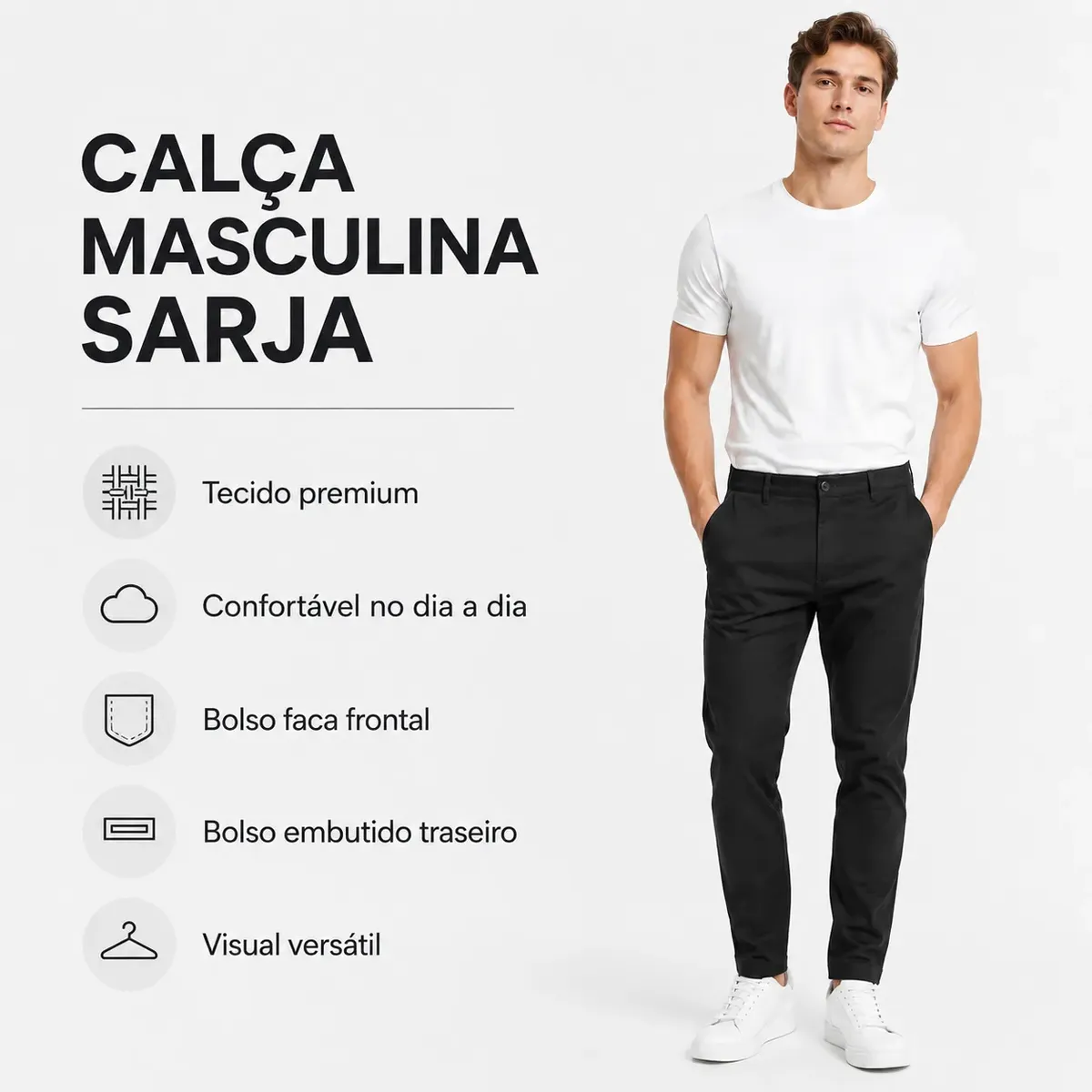 Calça Masculina Sarja Bolso Embutido e Bolso Faca Premium - Imagem 11